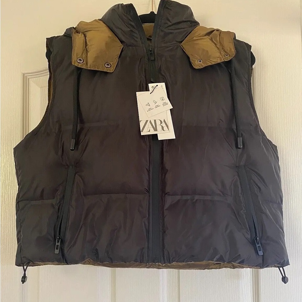 Zara Women’s Faux Leather Puffer Vest With Hood Black - Brand New